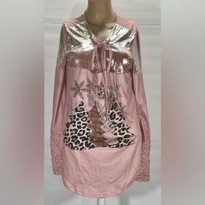 JUST FASHION NOW PINK AND SILVER WOMANS TOP WITH SNOWFLAKE DESIGN SIZE MEDIUM